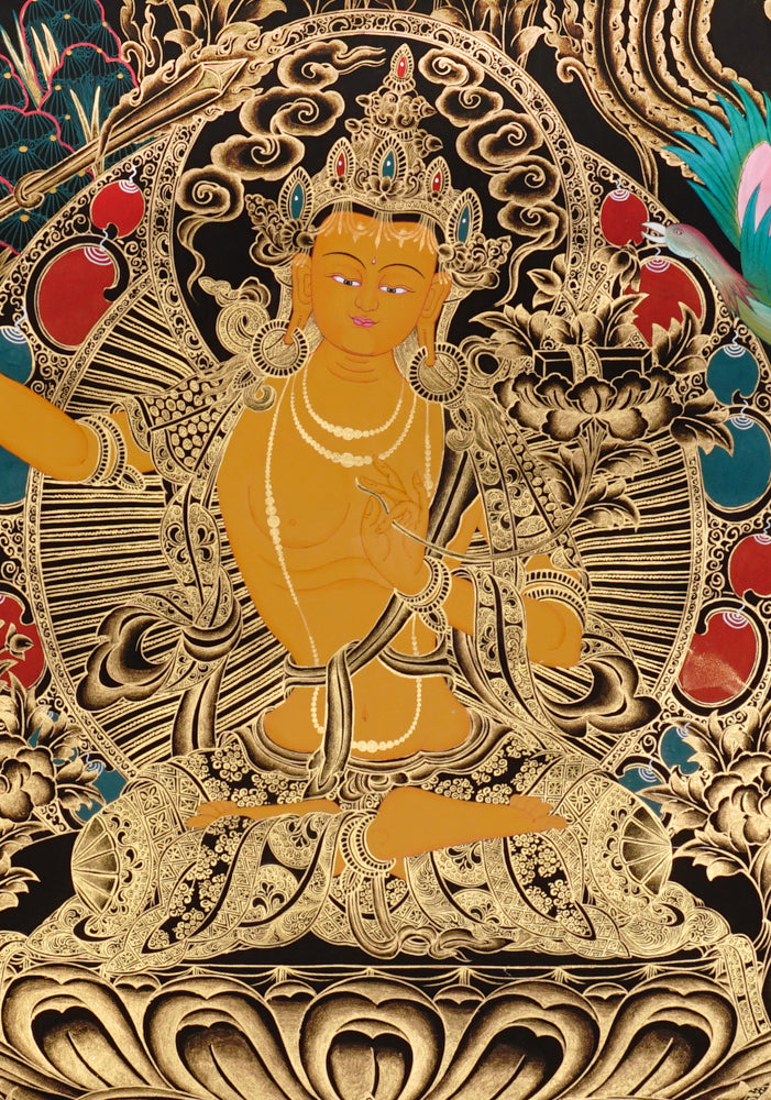 Manjushri Thangka painting with flaming sword, lotus throne, peacock, and Tibetan Buddhist wisdom symbolism.