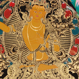 Manjushri Thangka painting with flaming sword, lotus throne, peacock, and Tibetan Buddhist wisdom symbolism.