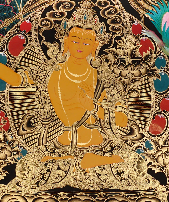 Manjushri Thangka painting with flaming sword, lotus throne, peacock, and Tibetan Buddhist wisdom symbolism.