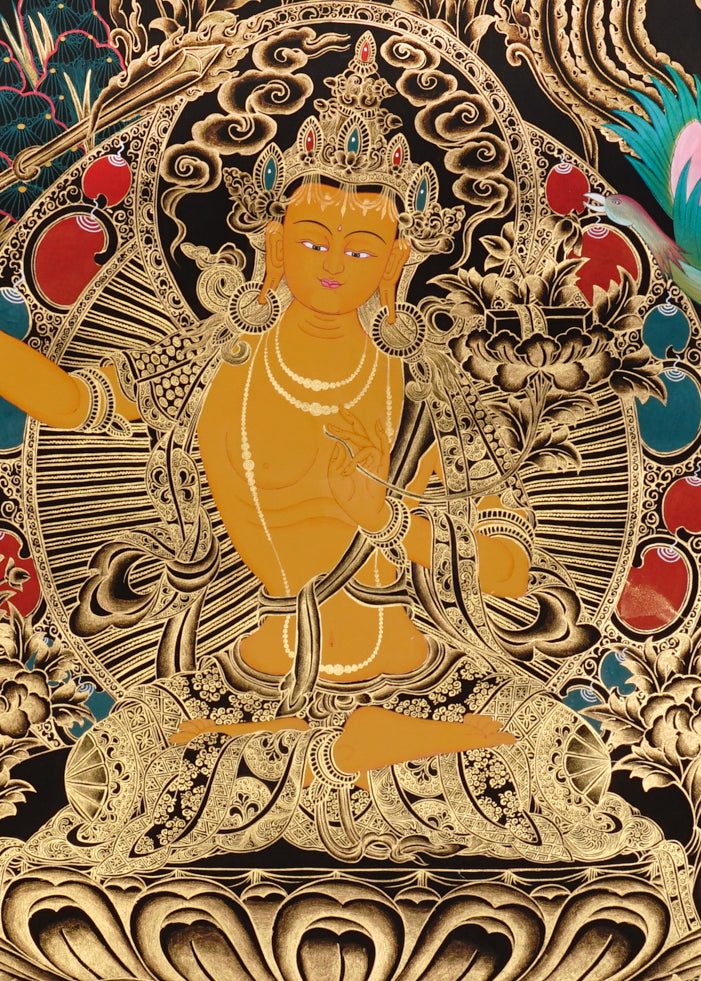 Manjushri Thangka painting with flaming sword, lotus throne, peacock, and Tibetan Buddhist wisdom symbolism.