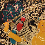 Manjushri Thangka painting with flaming sword, lotus throne, peacock, and Tibetan Buddhist wisdom symbolism.