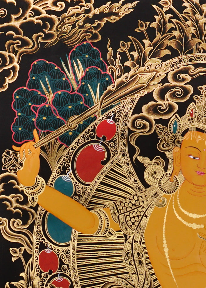 Manjushri Thangka painting with flaming sword, lotus throne, peacock, and Tibetan Buddhist wisdom symbolism.