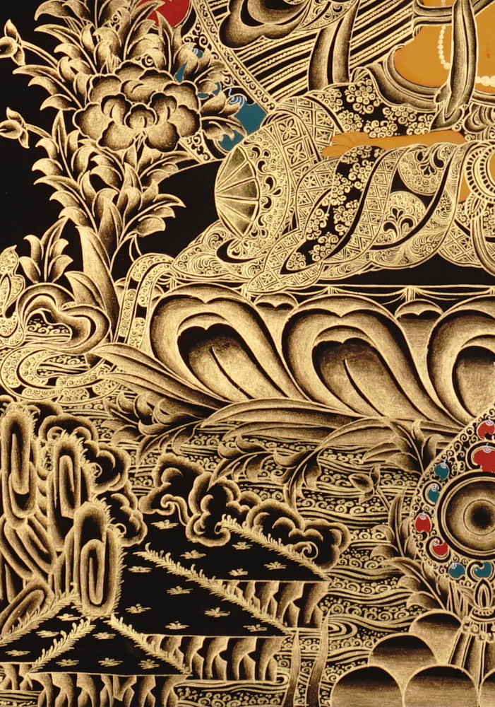 Manjushri Thangka painting with flaming sword, lotus throne, peacock, and Tibetan Buddhist wisdom symbolism.