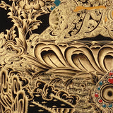 Manjushri Thangka painting with flaming sword, lotus throne, peacock, and Tibetan Buddhist wisdom symbolism.