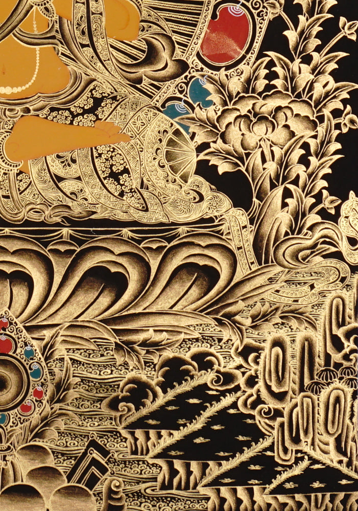 Manjushri Thangka painting with flaming sword, lotus throne, peacock, and Tibetan Buddhist wisdom symbolism.