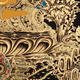 Manjushri Thangka painting with flaming sword, lotus throne, peacock, and Tibetan Buddhist wisdom symbolism.