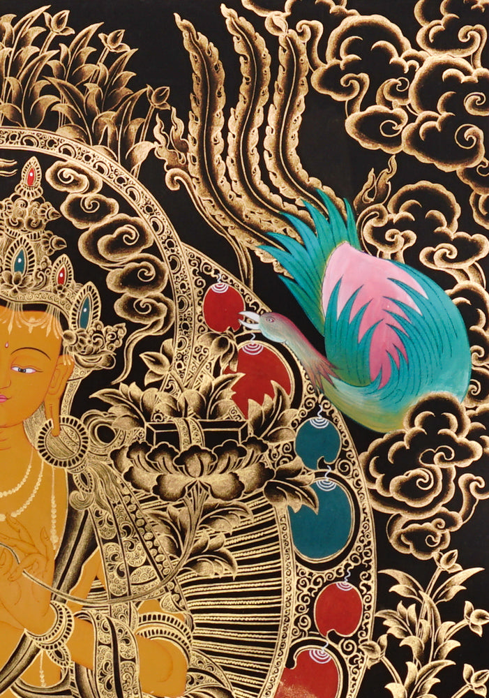 Manjushri Thangka painting with flaming sword, lotus throne, peacock, and Tibetan Buddhist wisdom symbolism.