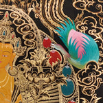 Manjushri Thangka painting with flaming sword, lotus throne, peacock, and Tibetan Buddhist wisdom symbolism.