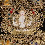 Chenrezig Thangka painting with gold detailing, Avalokiteshvara seated on lotus throne, floral motifs, and traditional Tibetan Buddhist compassion symbolism.
