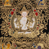 Chenrezig Thangka painting with gold detailing, Avalokiteshvara seated on lotus throne, floral motifs, and traditional Tibetan Buddhist compassion symbolism.