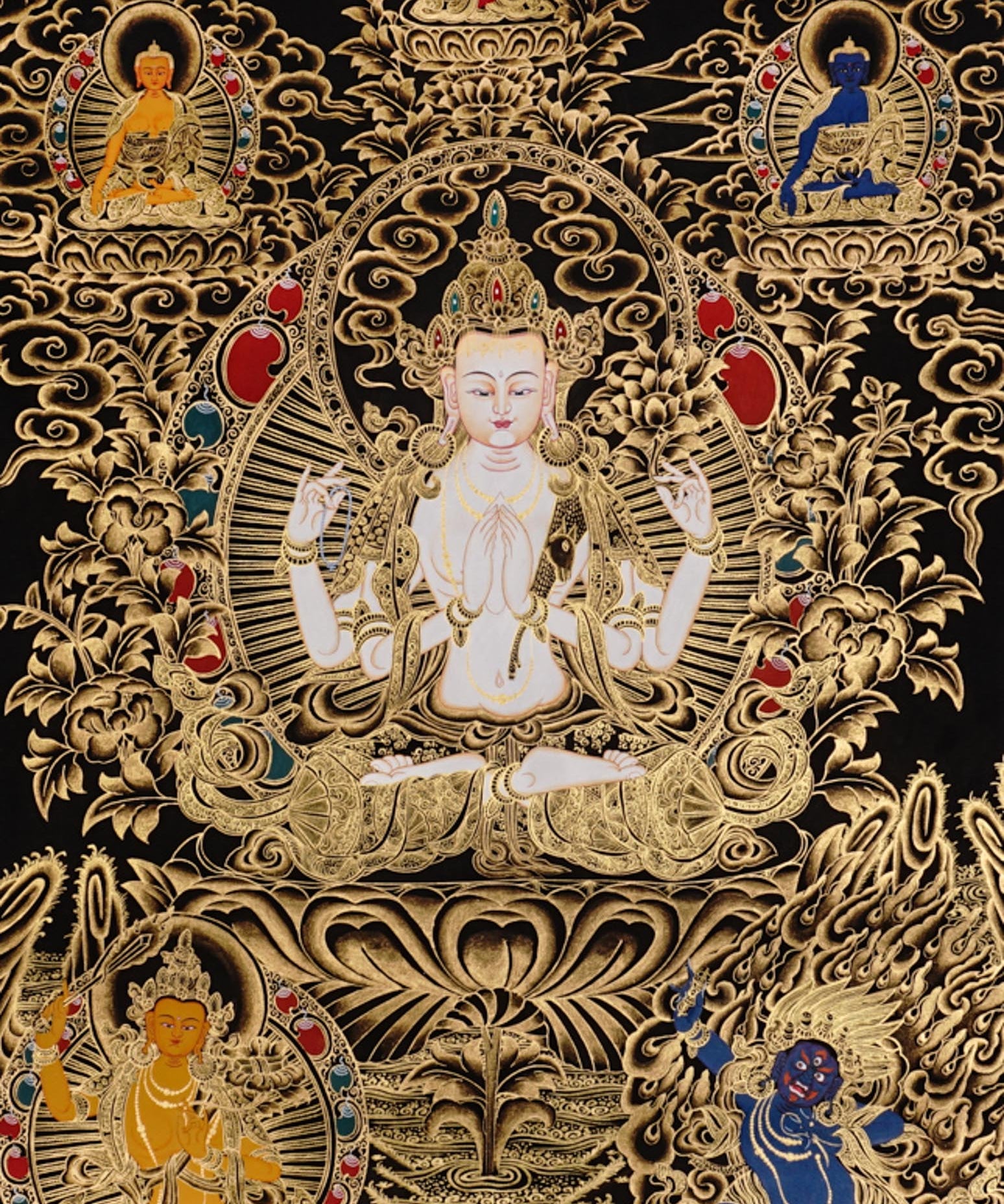 Chenrezig Thangka painting with gold detailing, Avalokiteshvara seated on lotus throne, floral motifs, and traditional Tibetan Buddhist compassion symbolism.