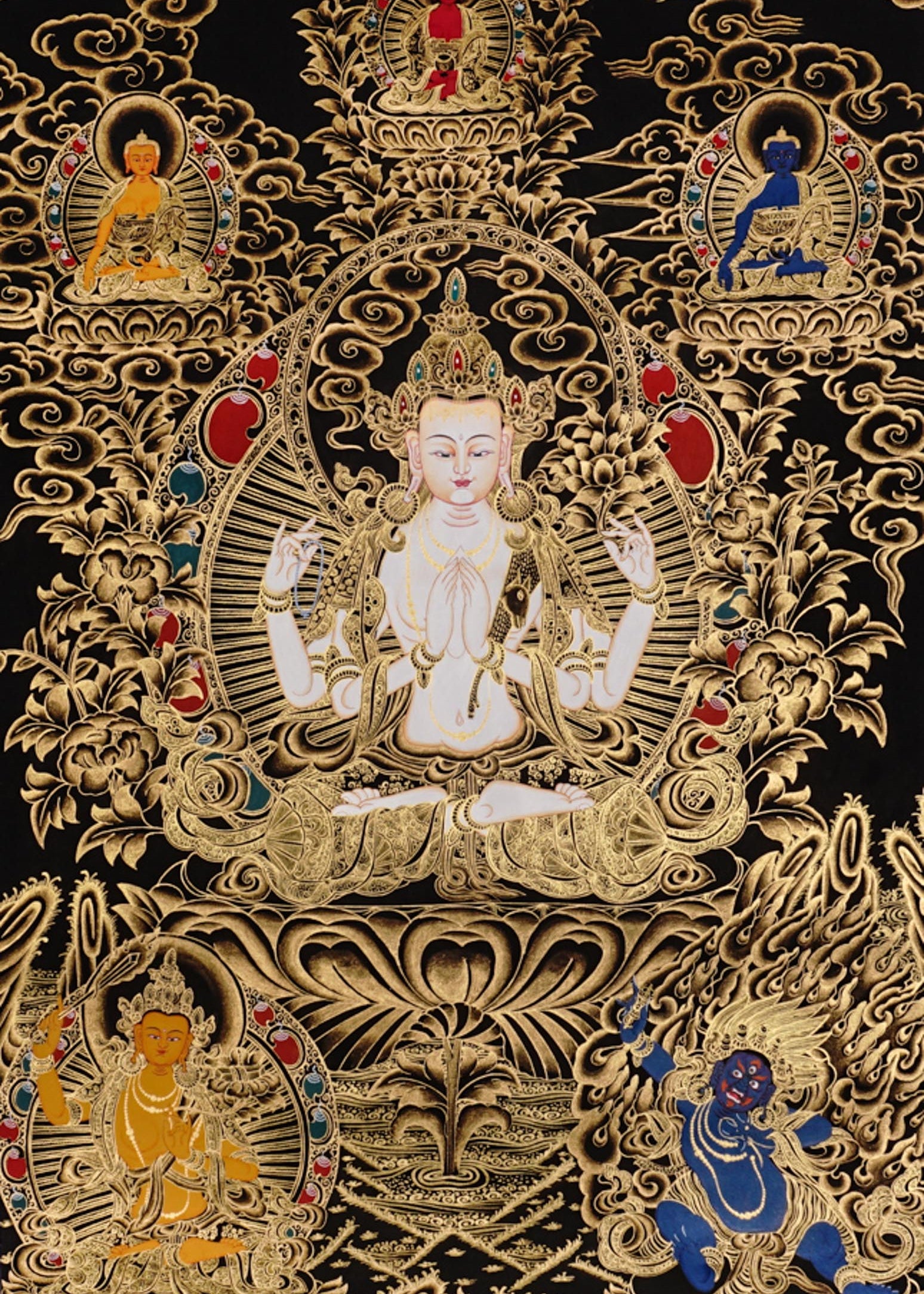 Chenrezig Thangka painting with gold detailing, Avalokiteshvara seated on lotus throne, floral motifs, and traditional Tibetan Buddhist compassion symbolism.