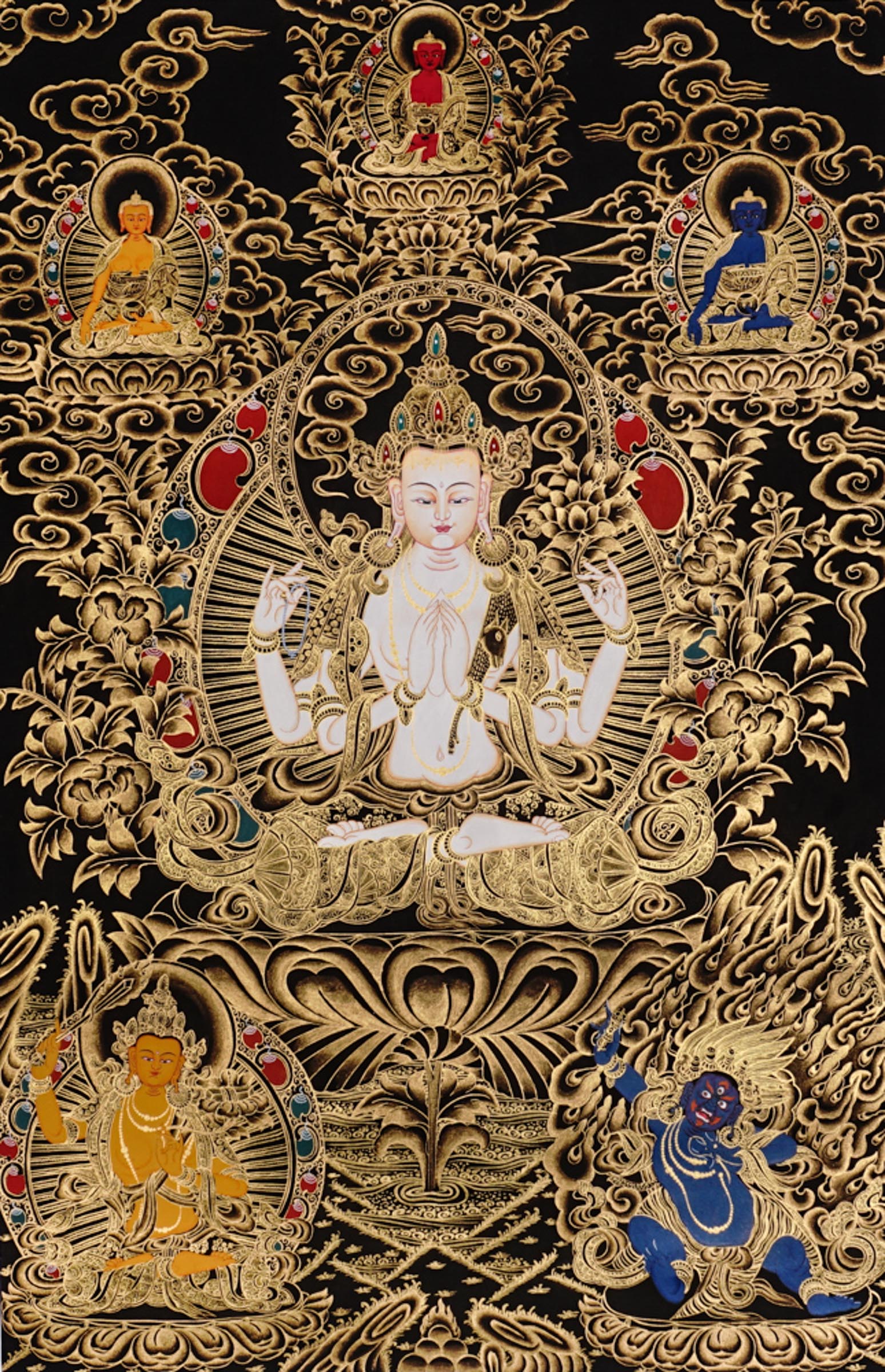 Chenrezig Thangka painting with gold detailing, Avalokiteshvara seated on lotus throne, floral motifs, and traditional Tibetan Buddhist compassion symbolism.