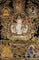 Chenrezig Thangka painting with gold detailing, Avalokiteshvara seated on lotus throne, floral motifs, and traditional Tibetan Buddhist compassion symbolism.