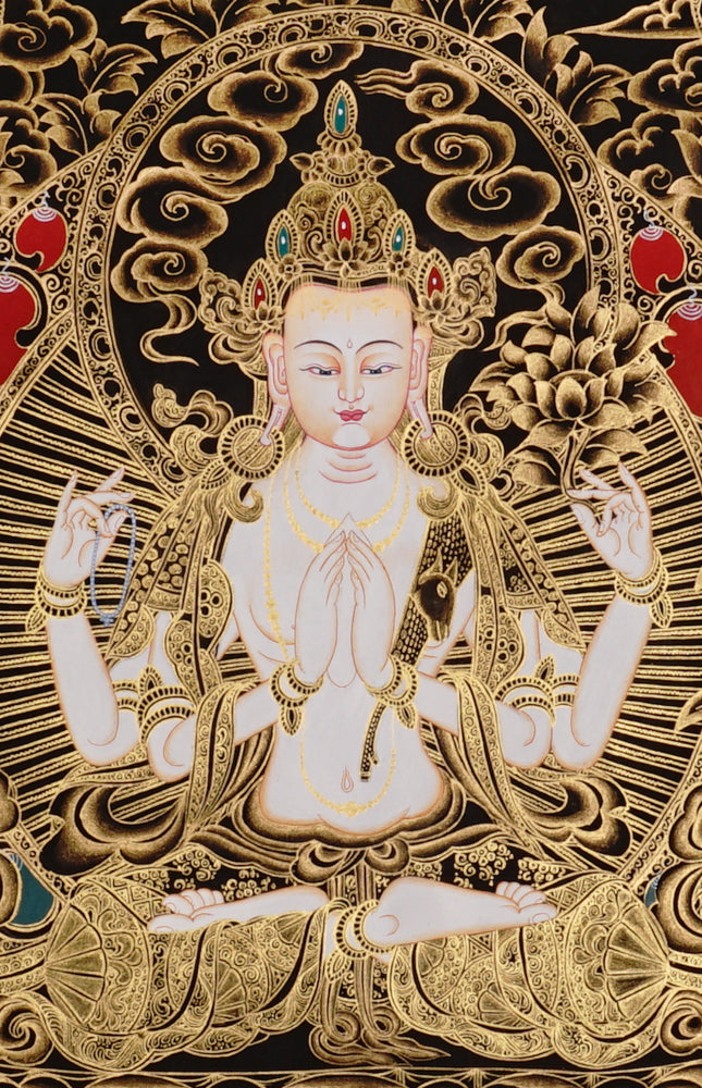 Chenrezig Thangka painting with gold detailing, Avalokiteshvara seated on lotus throne, floral motifs, and traditional Tibetan Buddhist compassion symbolism.