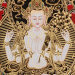 Chenrezig Thangka painting with gold detailing, Avalokiteshvara seated on lotus throne, floral motifs, and traditional Tibetan Buddhist compassion symbolism.