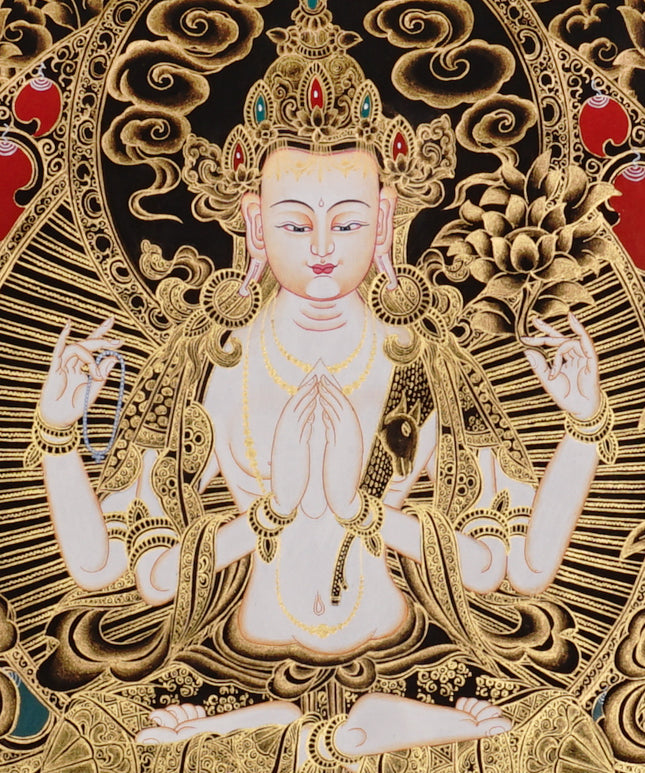 Chenrezig Thangka painting with gold detailing, Avalokiteshvara seated on lotus throne, floral motifs, and traditional Tibetan Buddhist compassion symbolism.