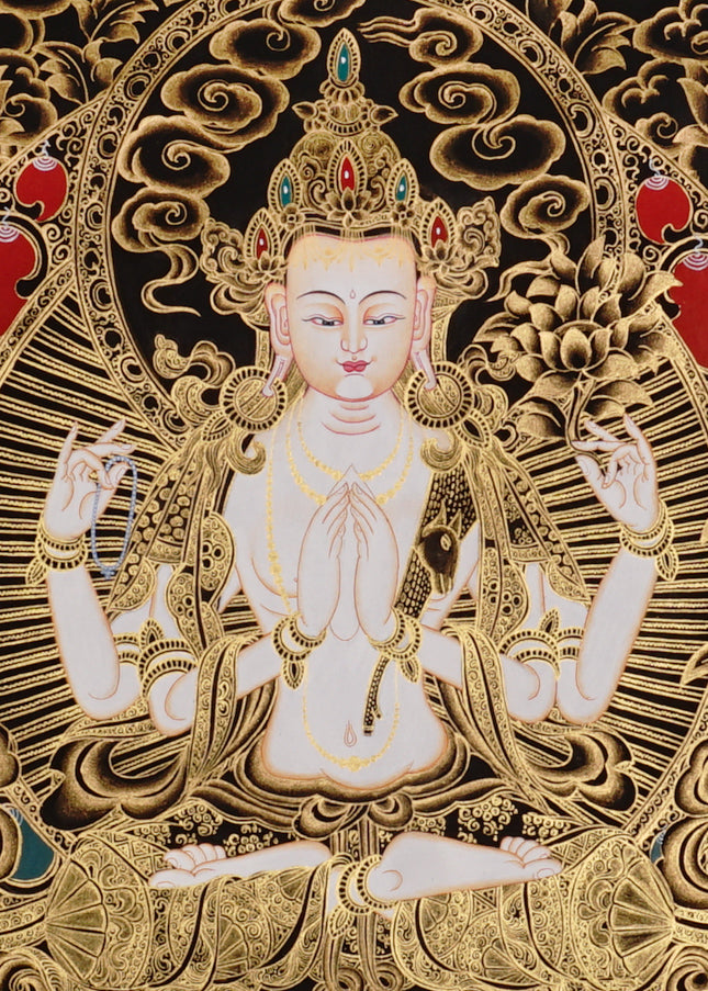 Chenrezig Thangka painting with gold detailing, Avalokiteshvara seated on lotus throne, floral motifs, and traditional Tibetan Buddhist compassion symbolism.