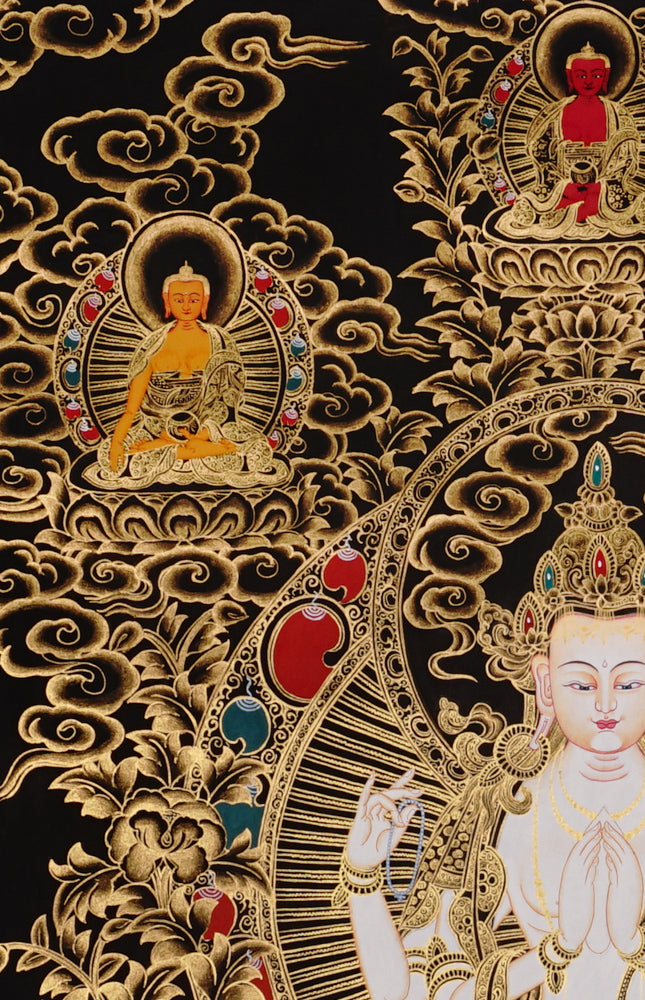 Chenrezig Thangka painting with gold detailing, Avalokiteshvara seated on lotus throne, floral motifs, and traditional Tibetan Buddhist compassion symbolism.