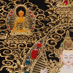 Chenrezig Thangka painting with gold detailing, Avalokiteshvara seated on lotus throne, floral motifs, and traditional Tibetan Buddhist compassion symbolism.
