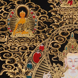 Chenrezig Thangka painting with gold detailing, Avalokiteshvara seated on lotus throne, floral motifs, and traditional Tibetan Buddhist compassion symbolism.