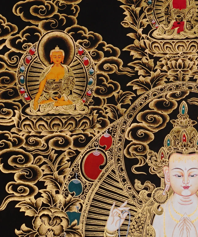 Chenrezig Thangka painting with gold detailing, Avalokiteshvara seated on lotus throne, floral motifs, and traditional Tibetan Buddhist compassion symbolism.