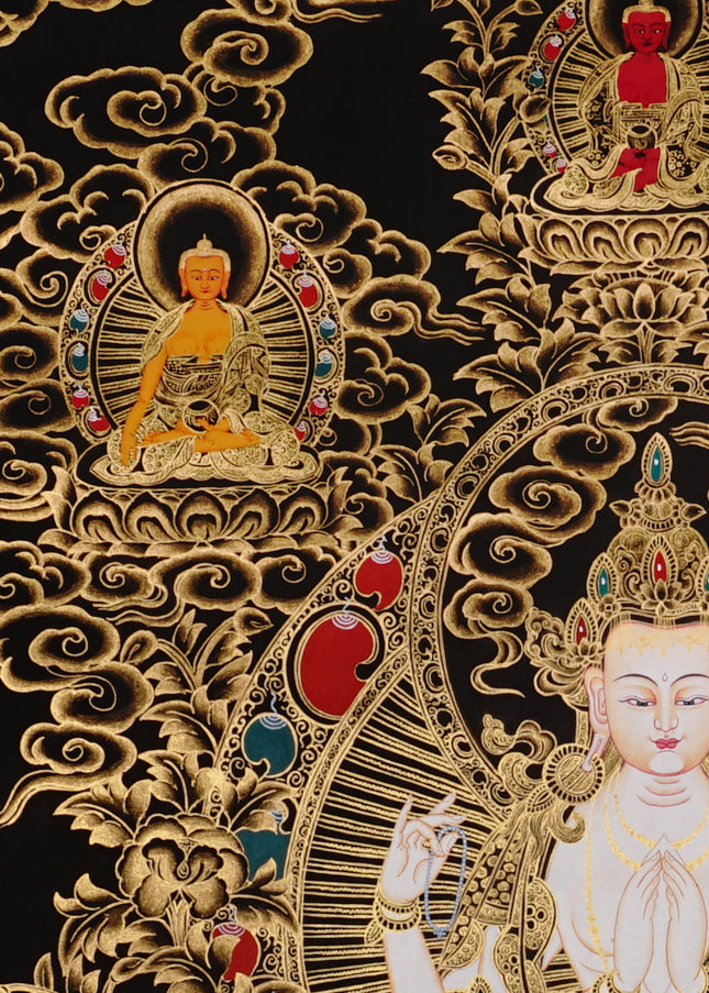 Chenrezig Thangka painting with gold detailing, Avalokiteshvara seated on lotus throne, floral motifs, and traditional Tibetan Buddhist compassion symbolism.