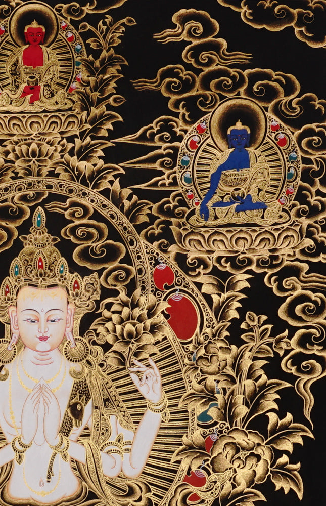 Chenrezig Thangka painting with gold detailing, Avalokiteshvara seated on lotus throne, floral motifs, and traditional Tibetan Buddhist compassion symbolism.