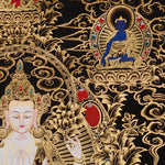 Chenrezig Thangka painting with gold detailing, Avalokiteshvara seated on lotus throne, floral motifs, and traditional Tibetan Buddhist compassion symbolism.