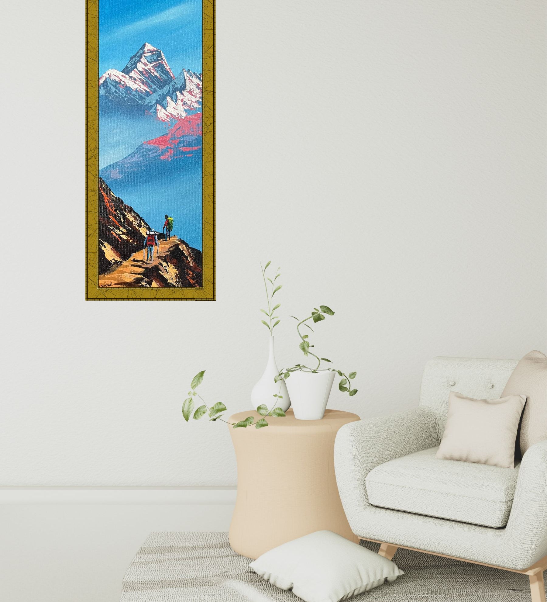 Majestic Mount Everest Oil Painting with Trekkers