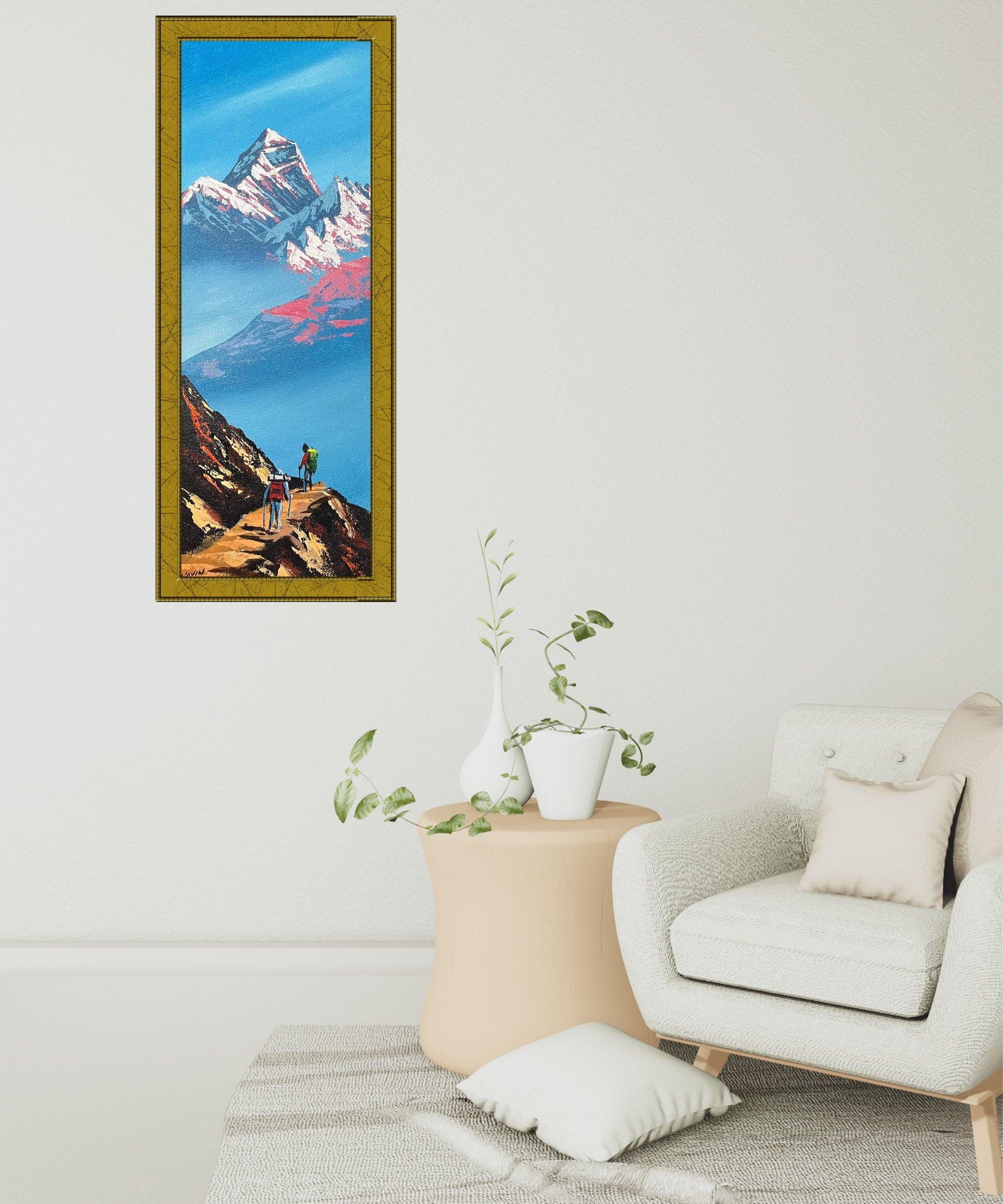 Majestic Mount Everest Oil Painting with Trekkers