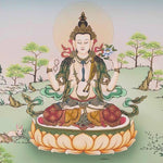 Chenrezig thangka painting Avalokiteshvara seated on lotus with multiple arms and prayer gesture in Himalayan landscape