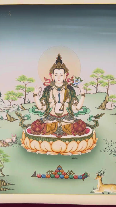 Chenrezig thangka painting Avalokiteshvara seated on lotus with multiple arms and prayer gesture in Himalayan landscape