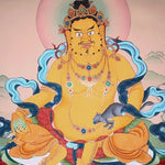 yellow zambhala with mongoose and lotus throne thangka