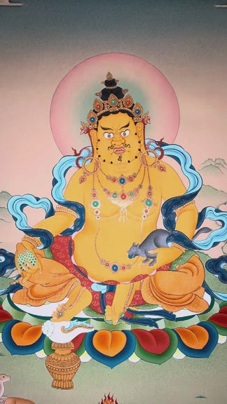 yellow zambhala with mongoose and lotus throne thangka