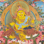 Yellow Zambhala thangka with Tibetan Buddhist wealth deity seated on lotus seat