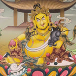 Yellow Zambala thangka painting Tibetan wealth deity seated on lotus with mongoose and jewels in detailed landscape
