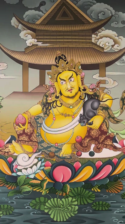 Yellow Zambala thangka painting Tibetan wealth deity seated on lotus with mongoose and jewels in detailed landscape