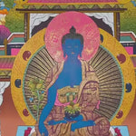 sacred medicine buddha thangka with temple background