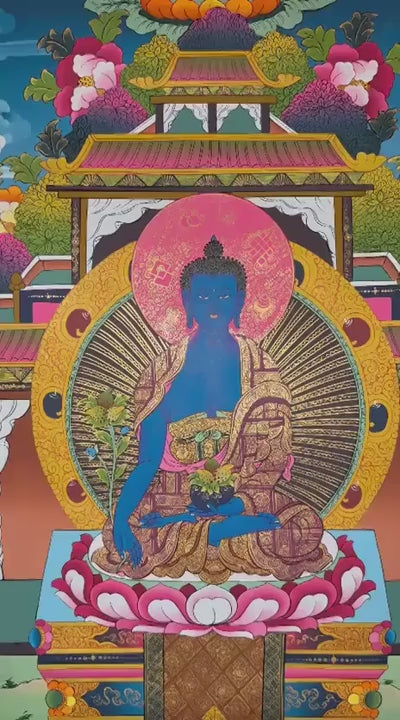 sacred medicine buddha thangka with temple background