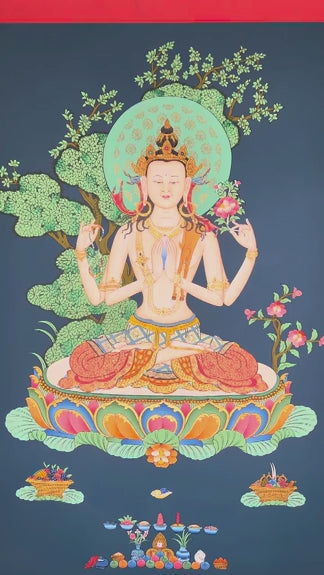 four armed chenrezig hand painted tibetan thangka