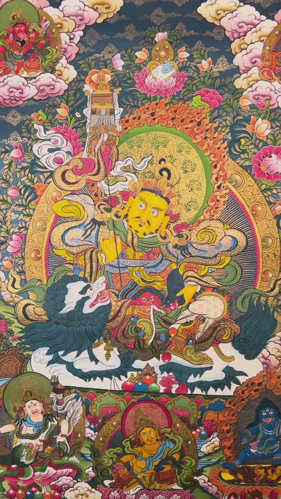 Singha Zambhala thangka with deity riding snow lion