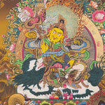 SIngh Zambhala thangka with Yellow Zambhala riding snow lion with golden background