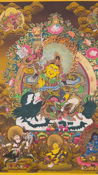 SIngh Zambhala thangka with Yellow Zambhala riding snow lion with golden background