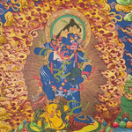 Tibetan Black Zambhala thangka painting with Buddha above and lotus base surrounded by flames