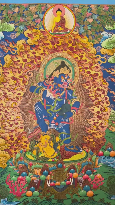 Tibetan Black Zambhala thangka painting with Buddha above and lotus base surrounded by flames