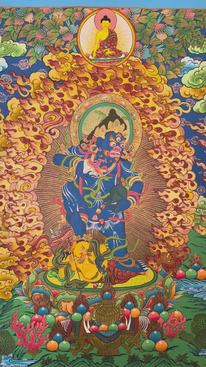 Tibetan Black Zambhala thangka painting with Buddha above and lotus base surrounded by flames