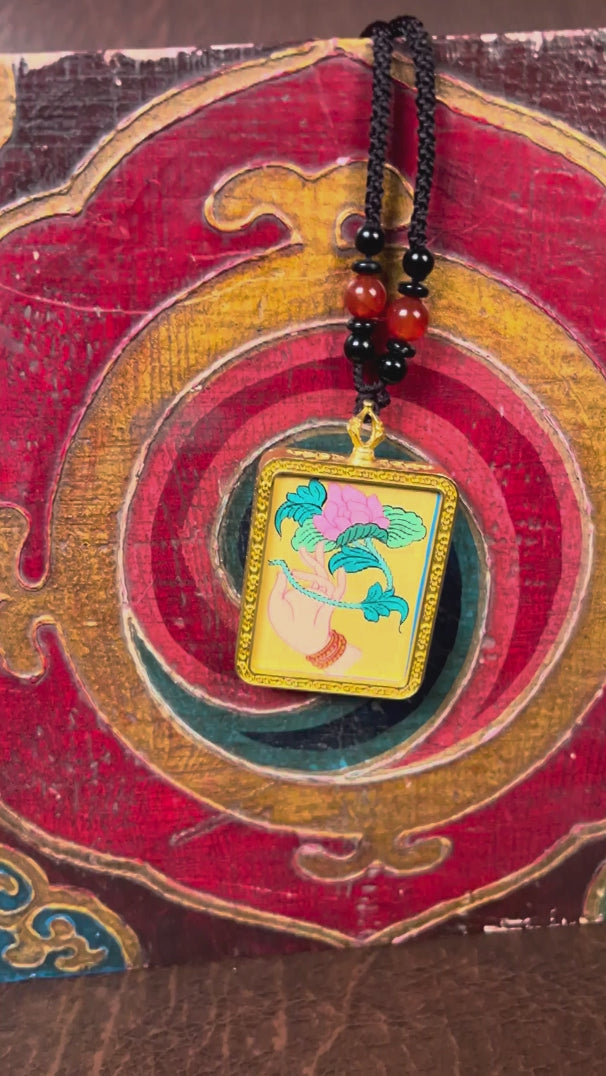 Lotus ghau pendant close up hand painted Himalayan spiritual art