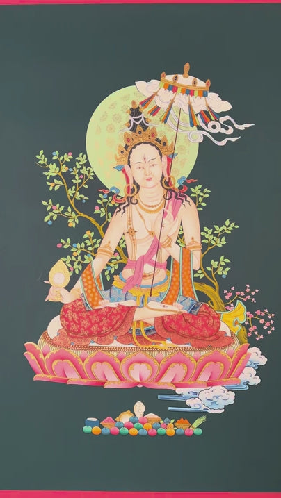 Dukkar thangka painting White Umbrella Goddess Tibetan protective deity with multiple arms seated on lotus