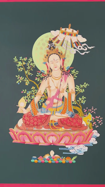 Dukkar thangka painting White Umbrella Goddess Tibetan protective deity with multiple arms seated on lotus
